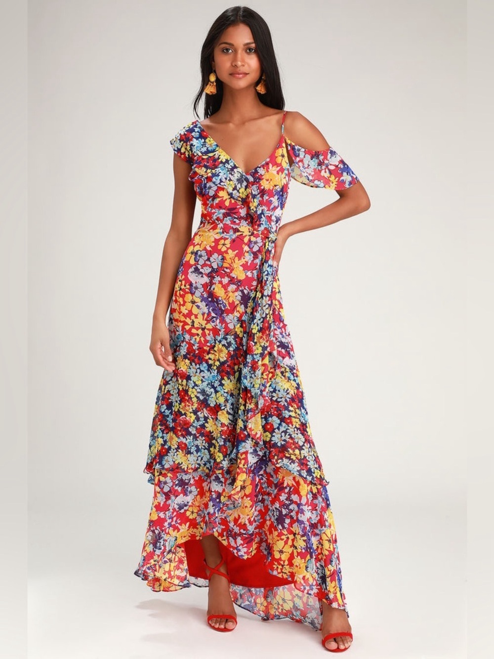 Lulu’s Radiant Rudy Red Floral Print Chiffon Maxi Dress Medium NWT